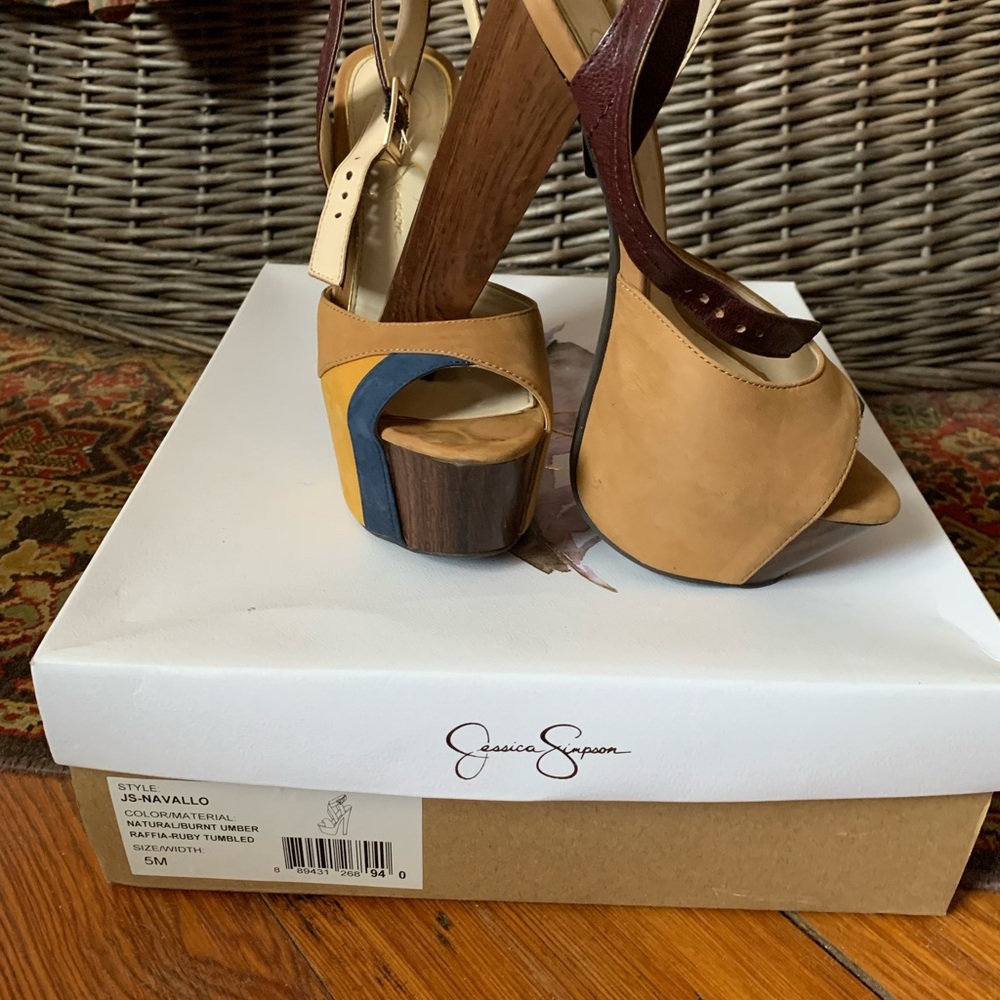 Jessica Simpson Tan Blue Yellow Colorblock Platform Sandals